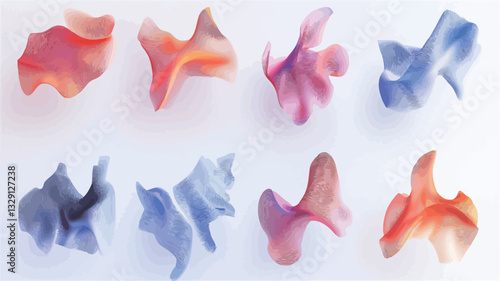 The image displays eight abstract shapes arranged in a grid pattern against a white background.  The shapes are amorphous and organic, exhibiting a translucent quality.  They are rendered in