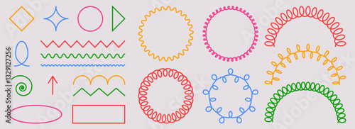 Spring coil shapes, spirals, wavy lines - colorful set of decorative geometric doodle elements. Zigzags, loops, curls and twirls for playful borders or frames. Vibrant hand drawn creative accents.