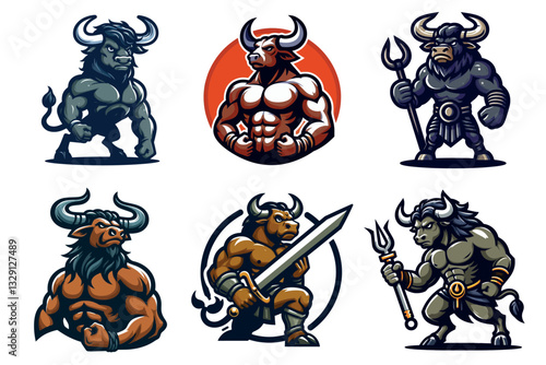 신화적인 미노타우로스 황소 전사를 특징으로하는 강력한 벡터 마스코트 만화 로고 및 엠블럼. 스포츠 팀, 게임 클랜 또는 강력하고 격렬하며 기억에 남는 아이덴티티를 추구하는 브랜드에 이상적입니다.