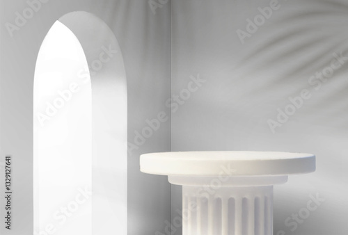 White stone arch with fluted column pedestal podium set on light gray background with soft shadows. Classic minimal architectural elements, clean simple geometric shapes for product presentation stage