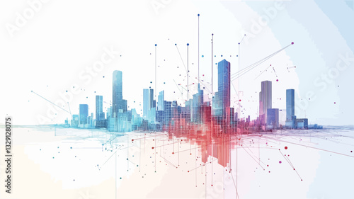 The image is an abstract illustration of a cityscape rendered in shades of blue, red, and white.  The buildings are stylized and lack precise detail, appearing as simplified geometric forms.  The