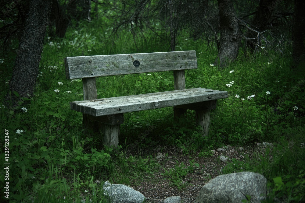 Empty wooden park bench in a lush green forest Empty wooden park bench in a lush green forest