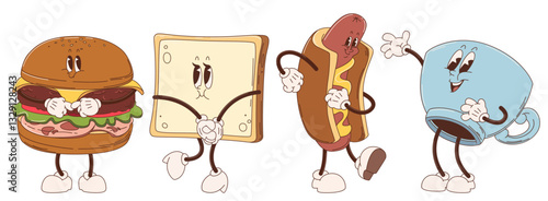 Retro breakfast characters set isolated on white background. Vector cartoon illustration of burger, butter toast, hot dog, coffee cup mascots smiling, cute food icons for cafe, restaurant menu design