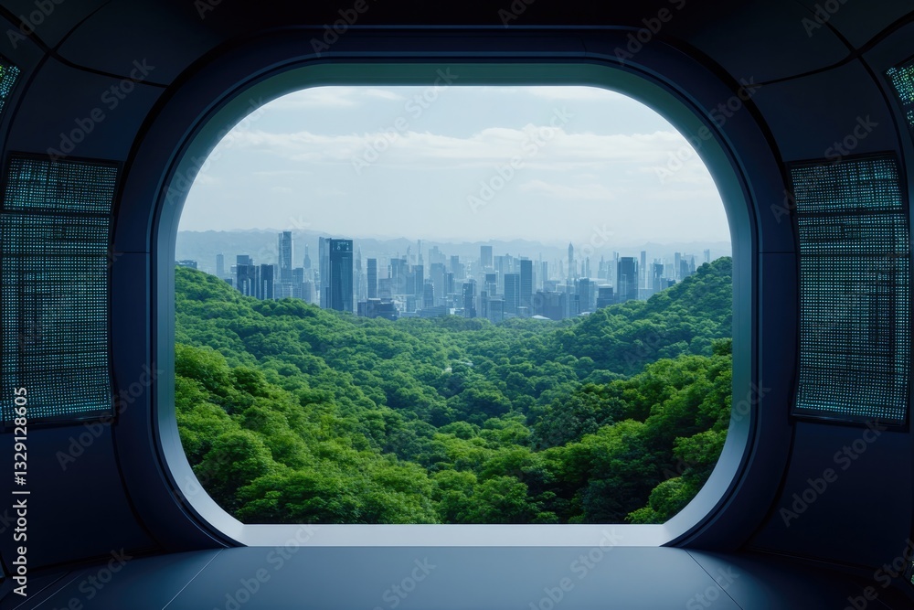 Fototapeta premium Futuristic window frames lush landscape blending nature and urba
