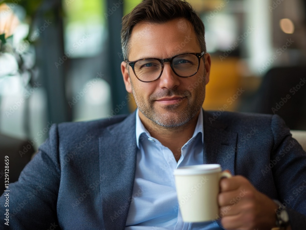 A businessman with a smile, wearing glasses and casual attire in an office, enjoying his coffee. A businessman with a smile, wearing glasses and casual attire in an office, enjoying his coffee.