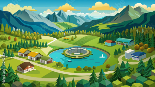 Aerial drone view a lake surrounded by lush green grass, Grappelensee, Wildhaus, Laui, St. Gallen, Switzerland.
