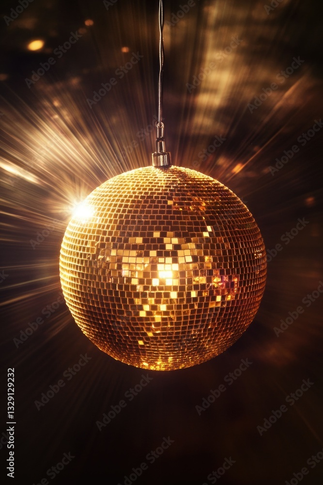 Obraz premium The golden disco ball is hanging and reflects the light. It's a popular decoration for dance floors due to its shiny surface that sparkles with reflected light.