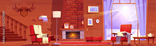 Cozy chalet living room with fireplace and winter mountain view. Vector cartoon illustration of luxury house or hotel lobby interior, wooden furniture and stairs, floor lamp near armchairs, tea table