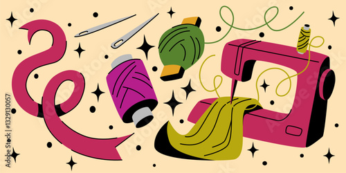 Sewing accessories cartoon vector set. Colorful curly threads, pincushion with pins, assorted buttons, thimble and yarn spool, sewing machine and scissors for handicraft needlework or tailoring design