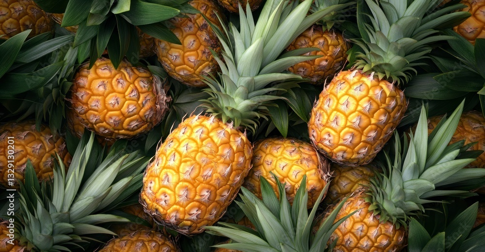 Pile of Fresh Ripe Pineapples with Green Leaves Background Still Life Pile of Fresh Ripe Pineapples with Green Leaves Background Still Life