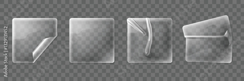 Transparent plastic sticker set - square wrinkled adhesive labels with peeled, lifted and folded corner effects. Blank glossy clear decals or price tags. Realistic 3d vector product design mockup.