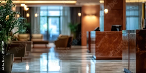 A clean and contemporary office lobby interior with modern design elements and ambient lighting.