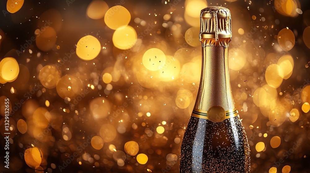 Φωτογραφία Ideal for Merry Christmas and New Year's Eve parties, a golden champagne bottle bursts with confetti on a warm, light background