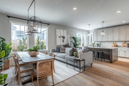 Modern farmhouse living room  dining area  and kitchen.