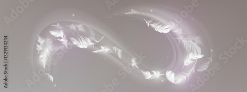 Falling white feathers in luminous swirling vortex. 3d abstract digital illustration of delicate plumage with sparkling particles. Realistic dream fantasy design element. Mystical pastel background.