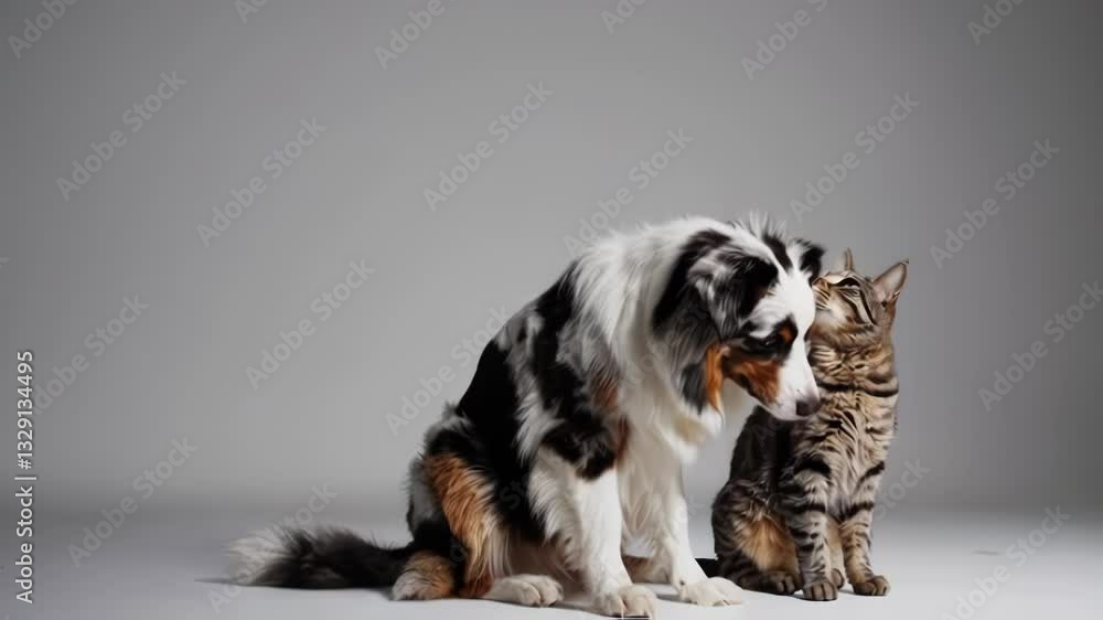 King Charles Spaniel dog and striped cat sitting closely together against neutral background. Sweet moment of friendship between different pets looking at camera. King Charles Spaniel dog and striped cat sitting closely together against neutral background. Sweet moment of friendship between different pets looking at camera.