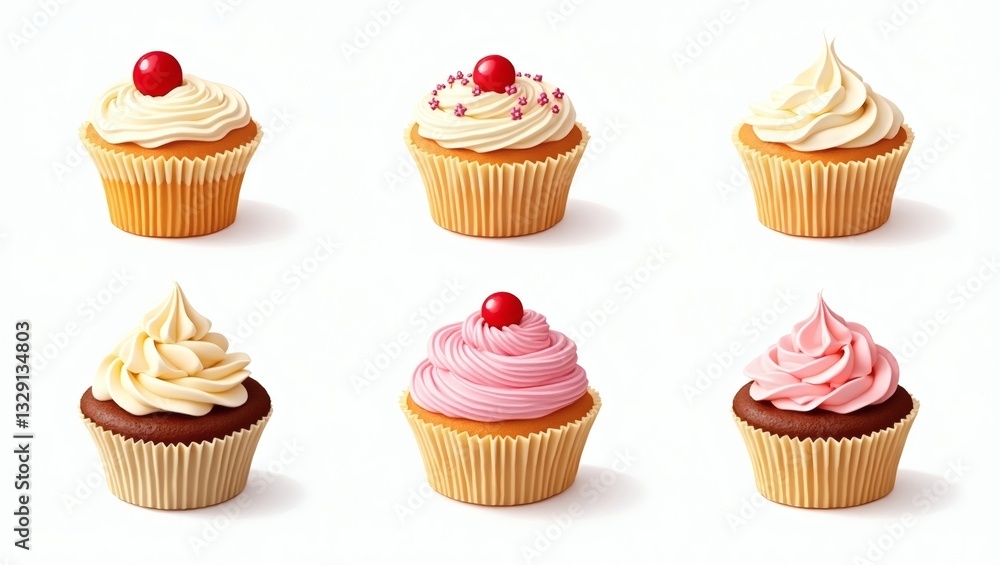 a delightful array of six cupcakes with various frosting colors and toppings, set against a background a delightful array of six cupcakes with various frosting colors and toppings, set against a background