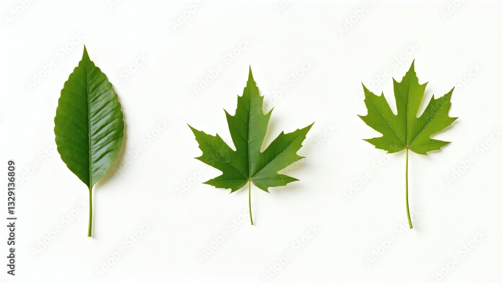 Fototapeta premium three different types of green leaves isolated on the background. The leaves showcase unique shapes and textures, offering a view of nature's design
