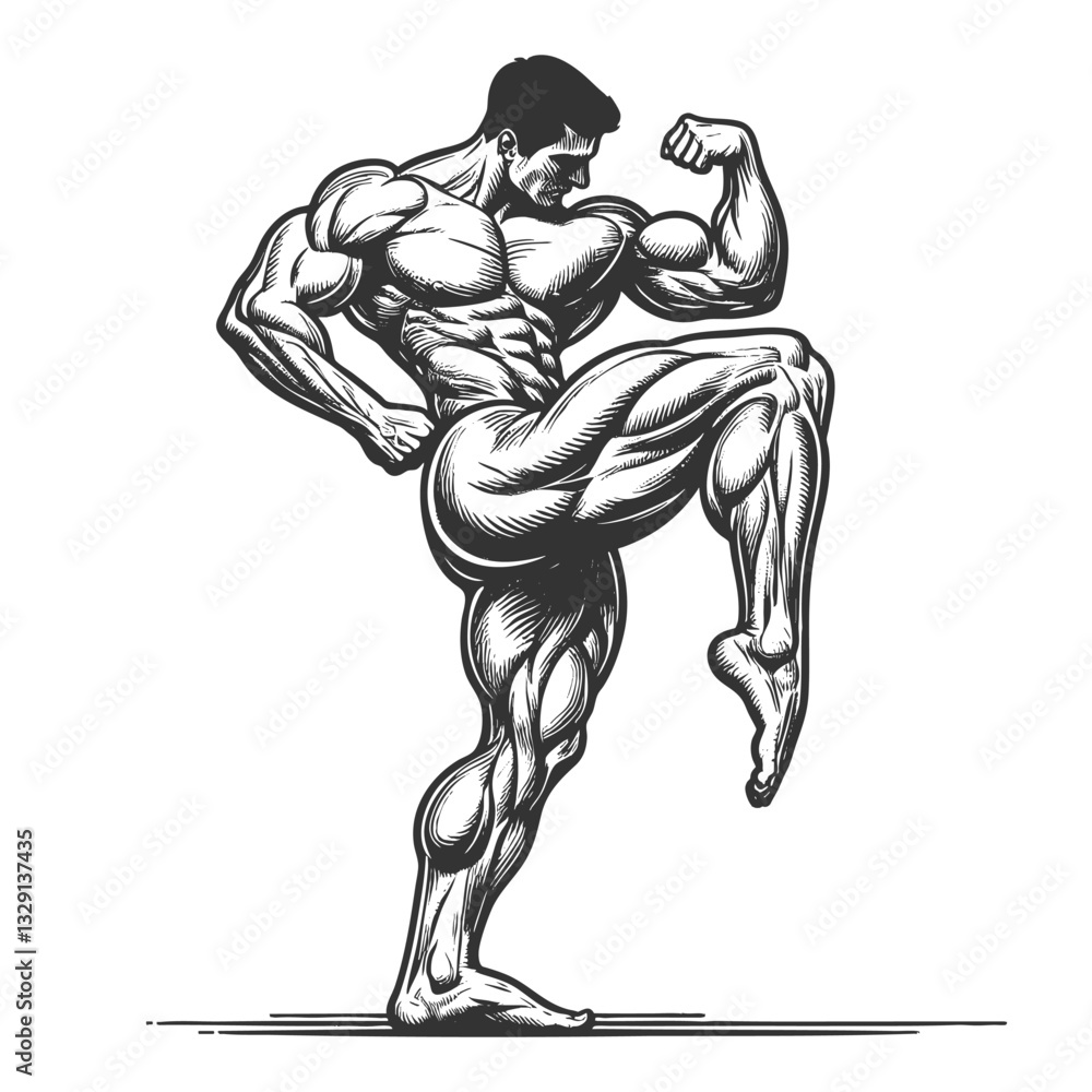 muscular bodybuilder striking a dynamic flexing pose, symbolizing strength, fitness, and athletic excellence sketch engraving generative ai vector illustration. Scratch board. Black and white image. muscular bodybuilder striking a dynamic flexing pose, symbolizing strength, fitness, and athletic excellence sketch engraving generative ai vector illustration. Scratch board. Black and white image.