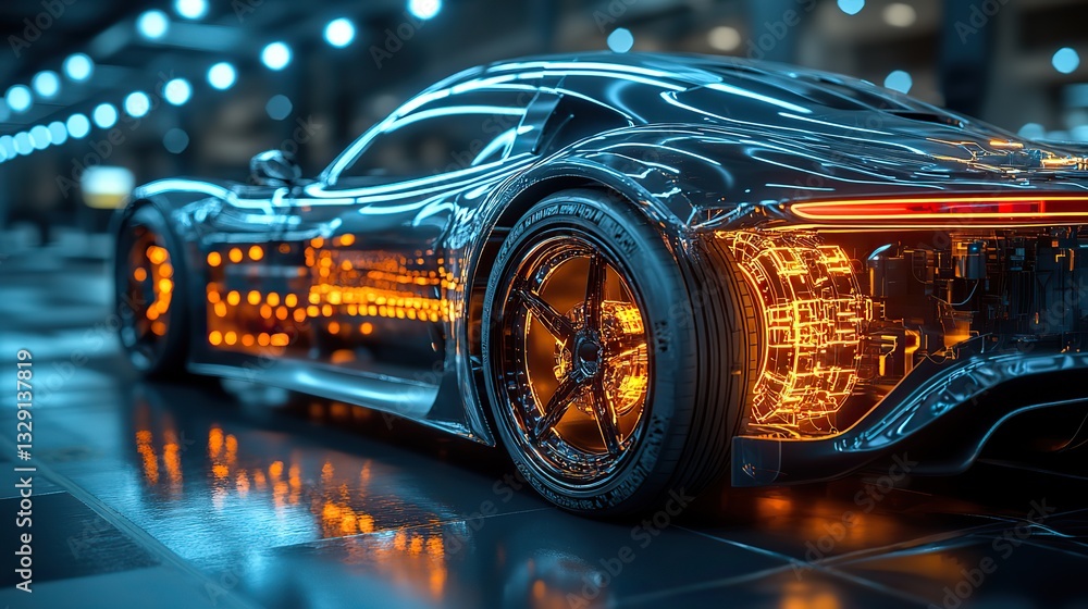Intricate internal components of a futuristic sports car, highlighted by glowing orange lines, showcase its advanced technology and design against a dark background. Intricate internal components of a futuristic sports car, highlighted by glowing orange lines, showcase its advanced technology and design against a dark background.