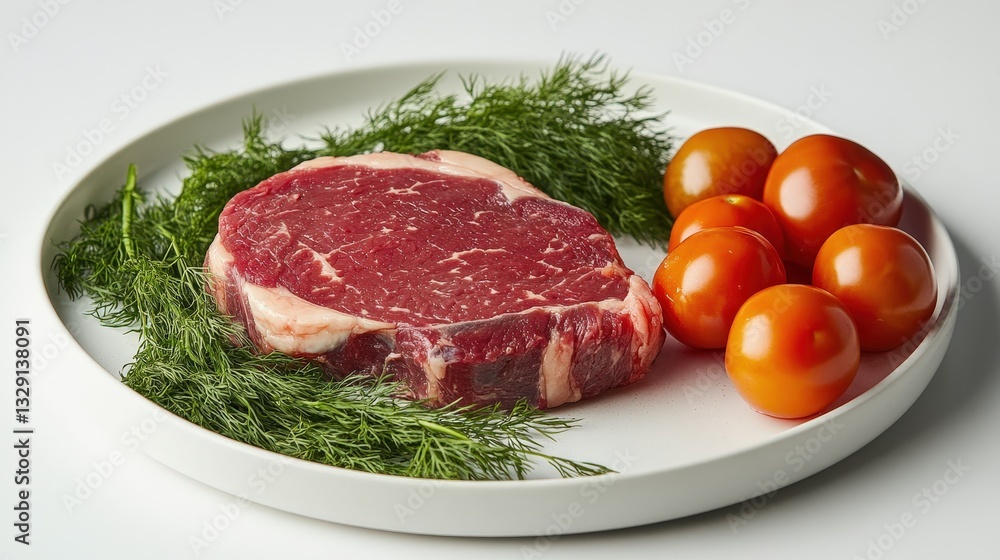 A succulent medium-rare steak with rich marbling rests atop verdant green dill on a pristine white plate, inviting tantalizing anticipation A succulent medium-rare steak with rich marbling rests atop verdant green dill on a pristine white plate, inviting tantalizing anticipation