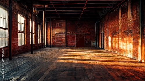 Sunlight Streaming Into Empty Vintage Warehouse with Brick Walls