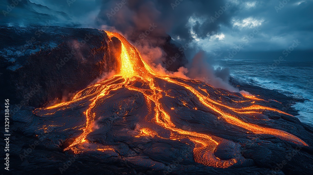 Lava glows, cascading down the volcano's side at dusk smoke and ash billow into the deep blue sky, highlighting nature's raw power. Lava glows, cascading down the volcano's side at dusk smoke and ash billow into the deep blue sky, highlighting nature's raw power.