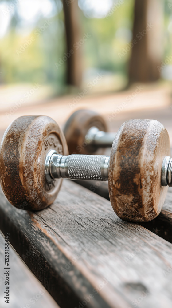 Rusty dumbbells on wooden surface in natural setting, symbolizing fitness and strength training. image evokes sense of determination and hard work Rusty dumbbells on wooden surface in natural setting, symbolizing fitness and strength training. image evokes sense of determination and hard work