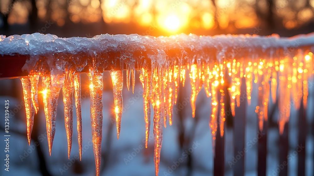 Glowing Icicles Hanging from a Railing at Sunset in Winter Glowing Icicles Hanging from a Railing at Sunset in Winter