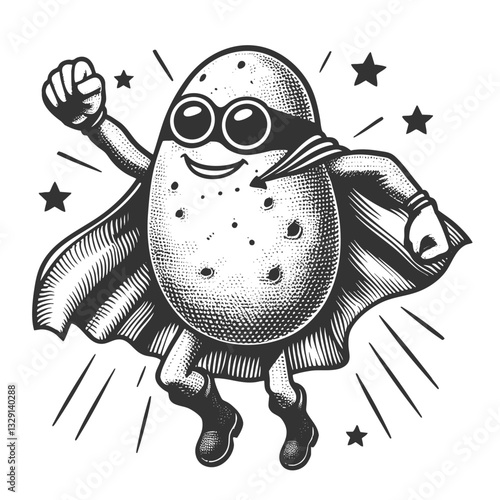 potato superhero wearing a cowboy hat, cape, and mask, standing heroically with floating potatoes around sketch engraving generative ai vector illustration. Scratch board. Black and white image.