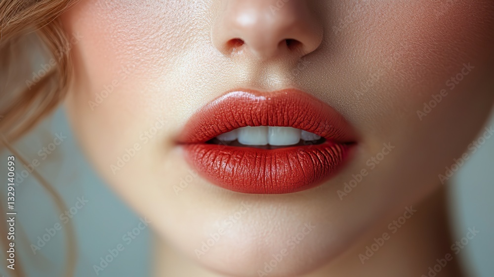 Fototapeta premium Natural beauty and self care from cosmetology, lip augmentation, or dentistry are emphasized in a close up of beautiful plump lips of a young woman.