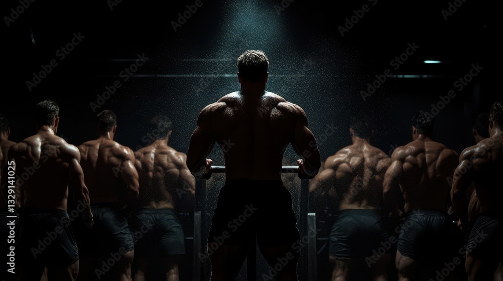 Fototapeta premium A group of muscular athletes is training under dynamic lighting, highlighting their strength and determination in a dramatic, high-energy workout environment.