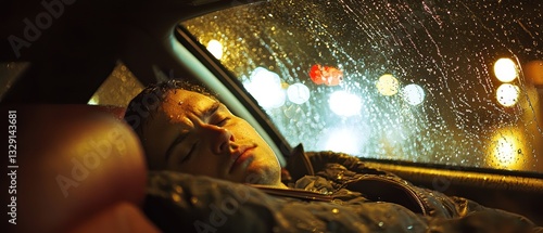 Tired Commuter Sleeping in Car During Rainy Night, Creating a Serene Atmosphere with Soft Light Reflection on Windshield and Street.