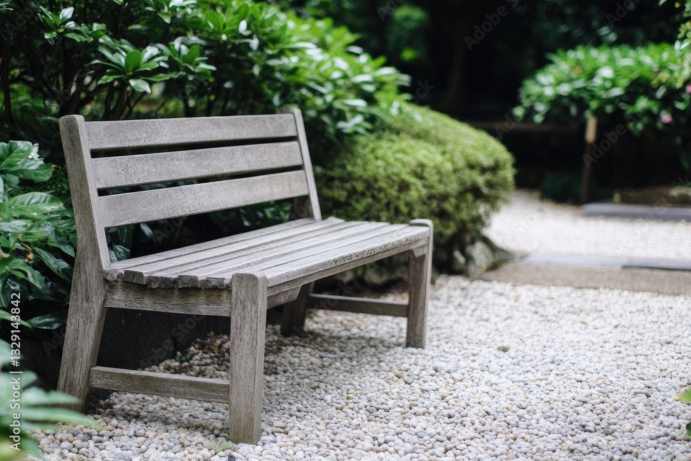 Wooden bench in a tranquil garden setting Wooden bench in a tranquil garden setting