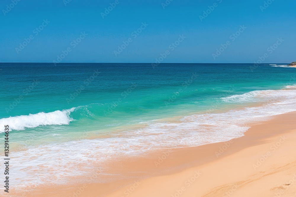 Tranquil beach scene with gentle waves. Soft, light beige sand meets turquoise water, under a clear, vibrant blue sky. A beautiful, peaceful coastal view Tranquil beach scene with gentle waves. Soft, light beige sand meets turquoise water, under a clear, vibrant blue sky. A beautiful, peaceful coastal view