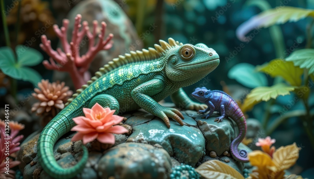 Obraz premium Vibrant Green Lizard and Purple Chameleon on Rocks in Lush Tropical Garden Setting