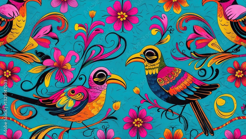 This design showcases a lively and colorful seamless pattern with intricate birds and floral elements, set against a striking blue background. Each bird displays unique colors and patterns This design showcases a lively and colorful seamless pattern with intricate birds and floral elements, set against a striking blue background. Each bird displays unique colors and patterns