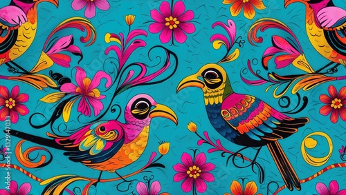 Wallpaper Mural This design showcases a lively and colorful seamless pattern with intricate birds and floral elements, set against a striking blue background. Each bird displays unique colors and patterns Torontodigital.ca