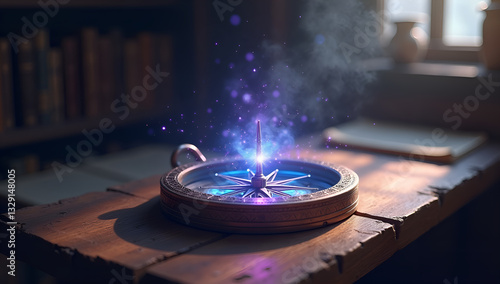 Intricate Metallic Compass with Arcane Energy