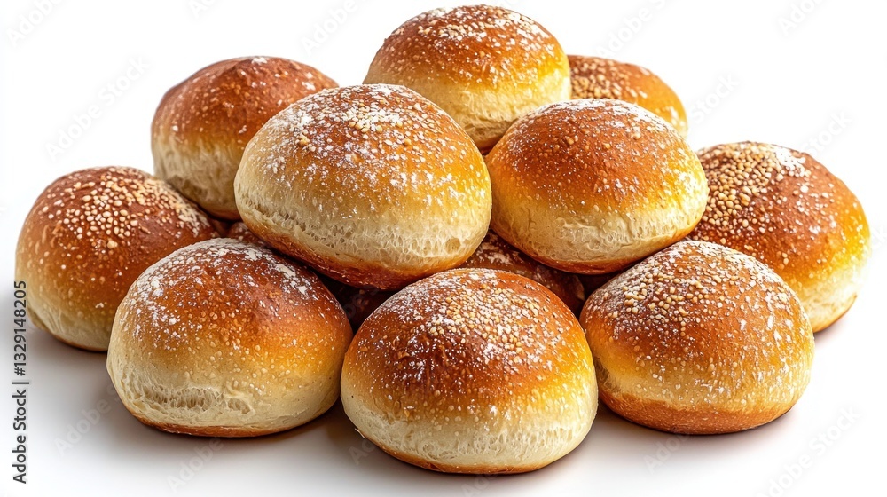 A stack of artisanal bread rolls with golden crusts, lightly dusted with flour A stack of artisanal bread rolls with golden crusts, lightly dusted with flour