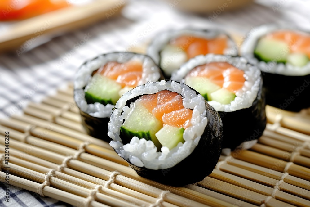 Delicious Salmon and Cucumber Sushi Rolls on Bamboo Mat Delicious Salmon and Cucumber Sushi Rolls on Bamboo Mat