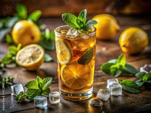 Summer's best: refreshing iced tea cocktail, lemon, mint, elegantly photographed.