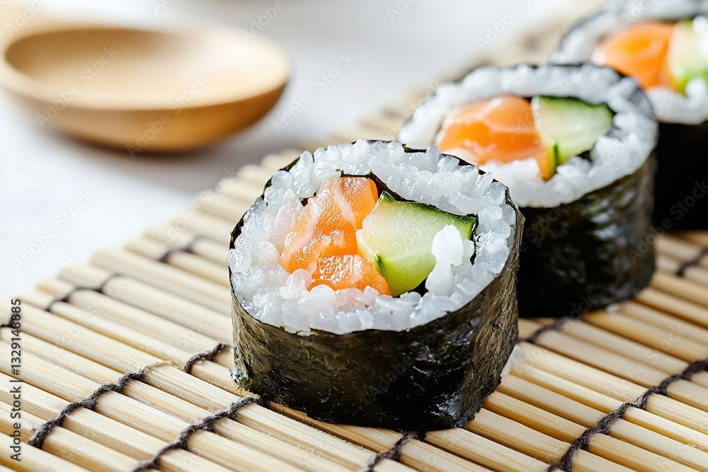 Delicious Salmon and Cucumber Sushi Rolls on Bamboo Mat Delicious Salmon and Cucumber Sushi Rolls on Bamboo Mat