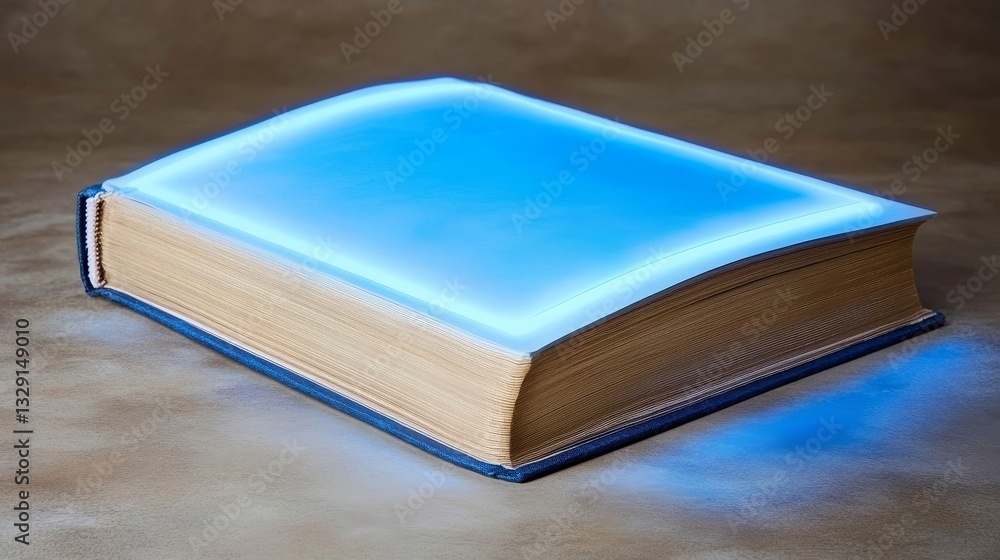 Fototapeta premium Glowing blue light illuminates book on brown surface