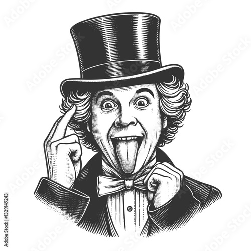 quirky man in a top hat and bow tie, playfully making a silly expression, symbolizing humor and eccentricity sketch engraving generative ai vector illustration. Scratch board. Black and white image.