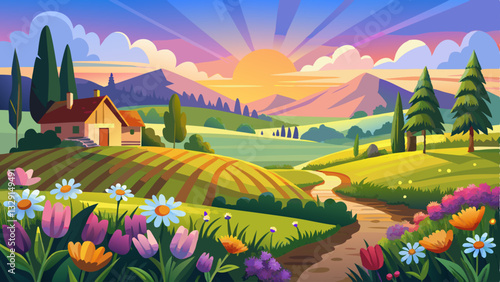 panorama rural landscape with sunrise and blossoming meadow
