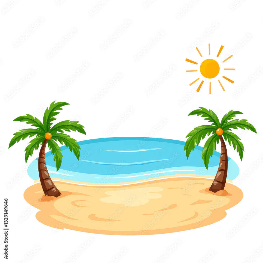 Fototapeta premium Cartoon beach scene with palm trees and sun, transparent background