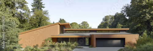 Modern architectural design of a wooden house surrounded by trees in a natural setting