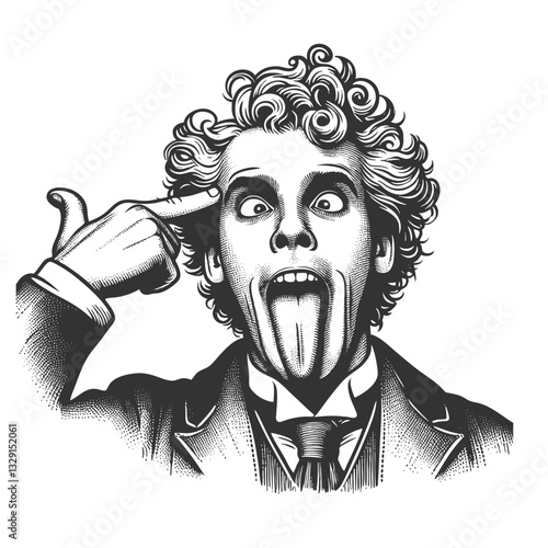 wild-haired man making a goofy face with his tongue out, symbolizing eccentricity, humor, and madness sketch engraving generative ai vector illustration. Scratch board imitation. Black and white image