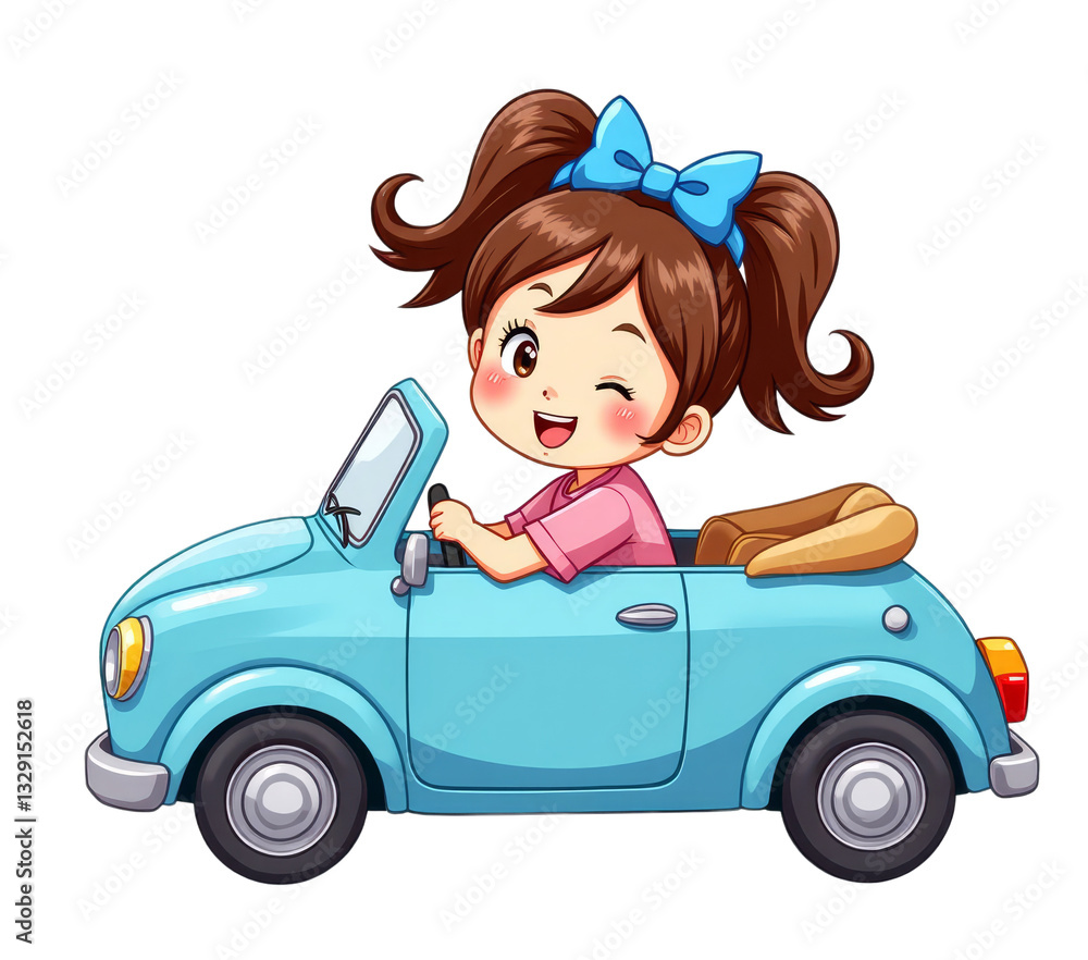 Cartoon girl winking while driving a blue convertible with transparent background Cartoon girl winking while driving a blue convertible with transparent background